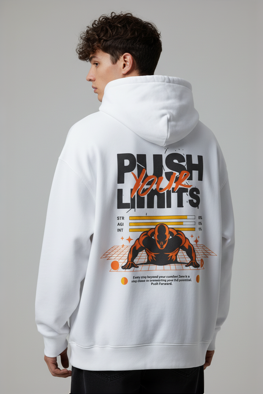 “Push Yourself” Oversized White Hoodie – Motivational Streetwear for Men