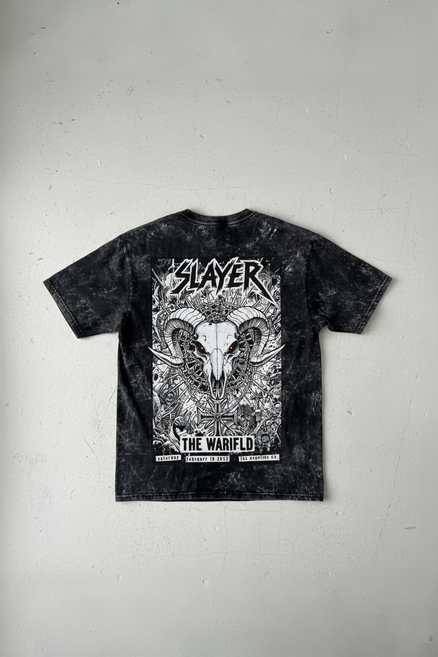 Black Acid Wash Oversized Slayer Graphic T-Shirt for Men