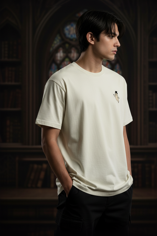Phantom Charm Men’s Embroidered T-Shirt – Minimal Ghost with Top Hat Design