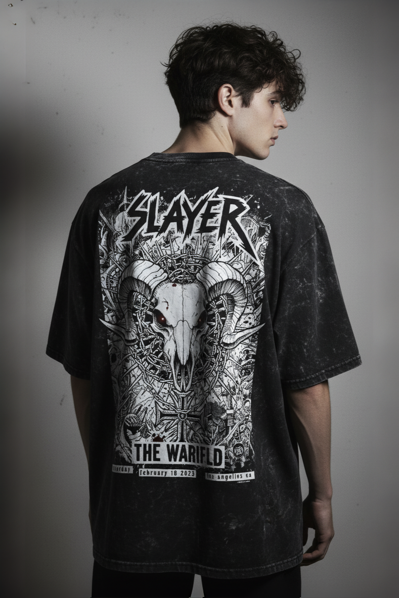 Black Acid Wash Oversized Slayer Graphic T-Shirt for Men