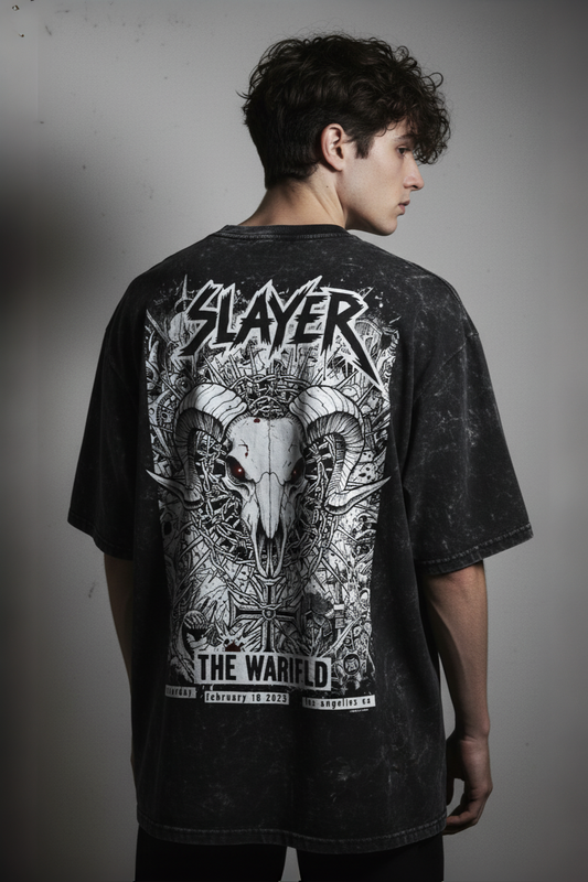 Black Acid Wash Oversized Slayer Graphic T-Shirt for Men