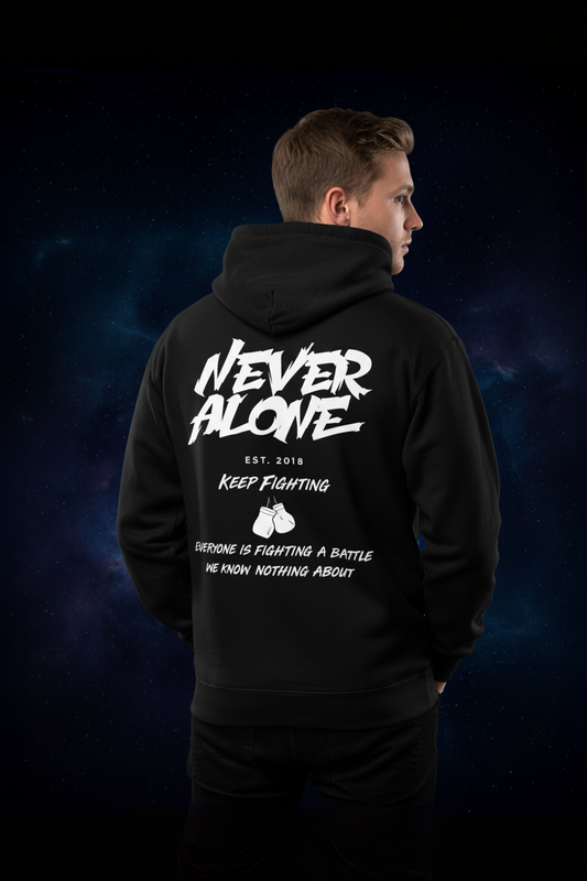 Never Alone Motivation Hoodie – Keep Fighting Boxing Gloves Graphic