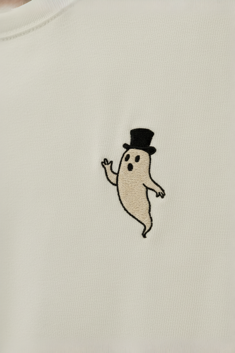 Phantom Charm Men’s Embroidered T-Shirt – Minimal Ghost with Top Hat Design